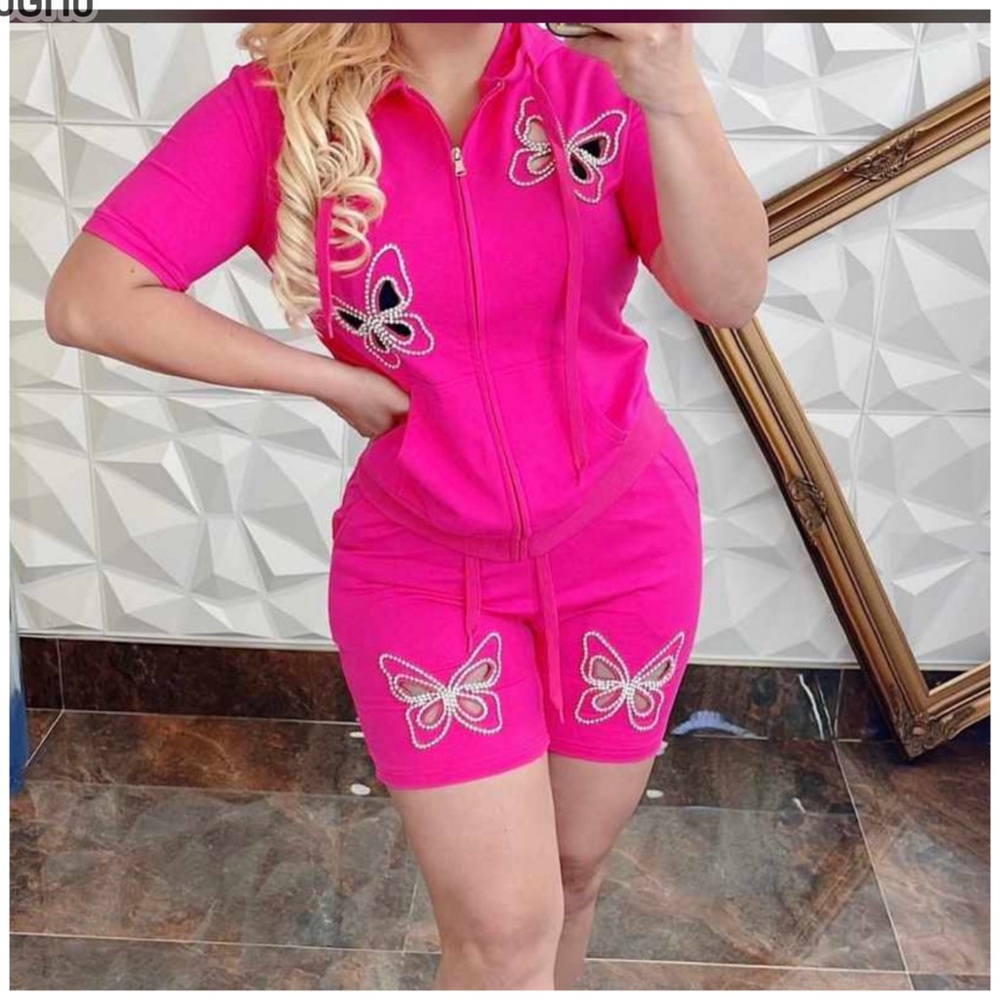 Vinizbena Rhinestone Butterfly Pink  Women Set Short & Hoodie  New